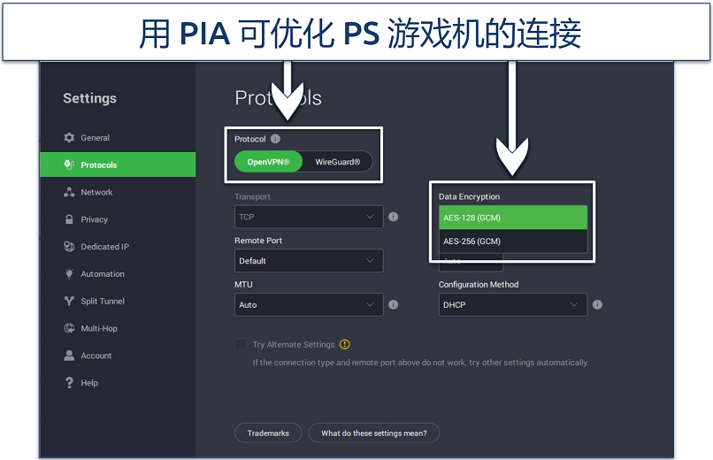 Screenshot showing how to adjust PIA's security settings