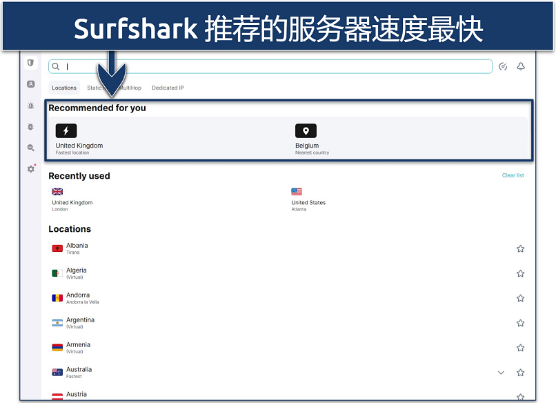 Screenshot of Surfshark's server list