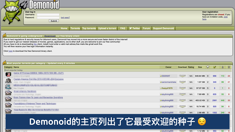 Screenshot of the Demonoid homepage