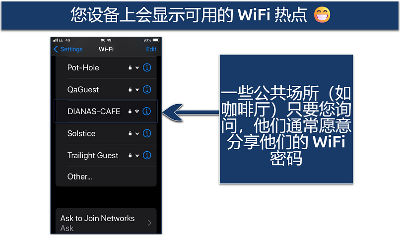 Screenshot showing the available WiFi hotspots on an IPhone