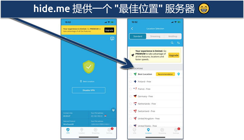 Screenshot of the free servers list in the hide.me iOS app