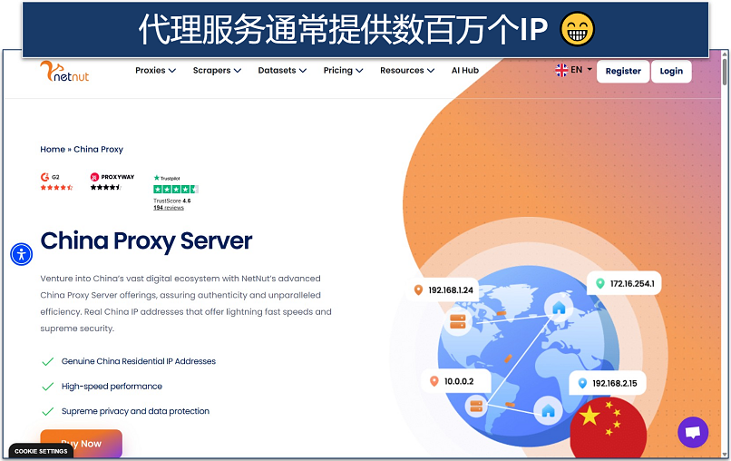 Screenshot of the NetNut China Proxy Server website page
