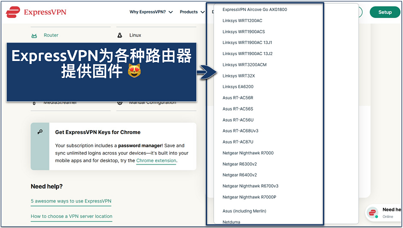 Screenshot of ExpressVPN router installation page showing compatible routers